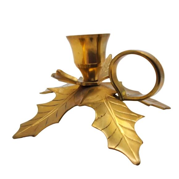 Brass Taper Candle Holder Leaf Autumn Rustic Table Holiday Decor Chamberstick - Picture 6 of 8